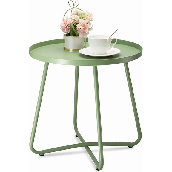 Outdoor Side Tables, Weather Resistant Steel Patio Side Table, Small Round Outdoor End Table Metal Side Table for Patio Yard Balcony Garden Bedside Green, Set of 2