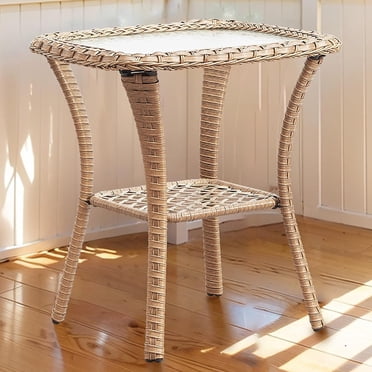 JSUN7 Outdoor Wicker Side Table With Glass Top - Rattan Patio Table With Storage Shelf