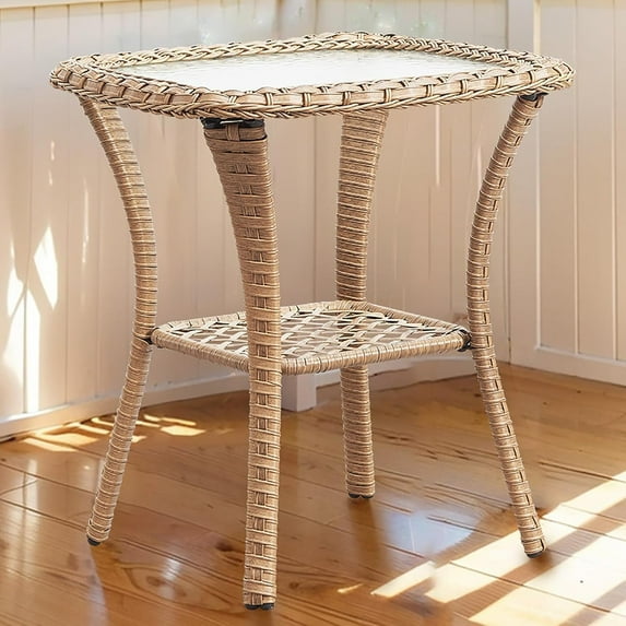 Outdoor Side Tables for Patio, Wicker/Rattan End Tables, Outdoor Wicker Side Table, Yellow Rattan Glass Top Patio Side Table