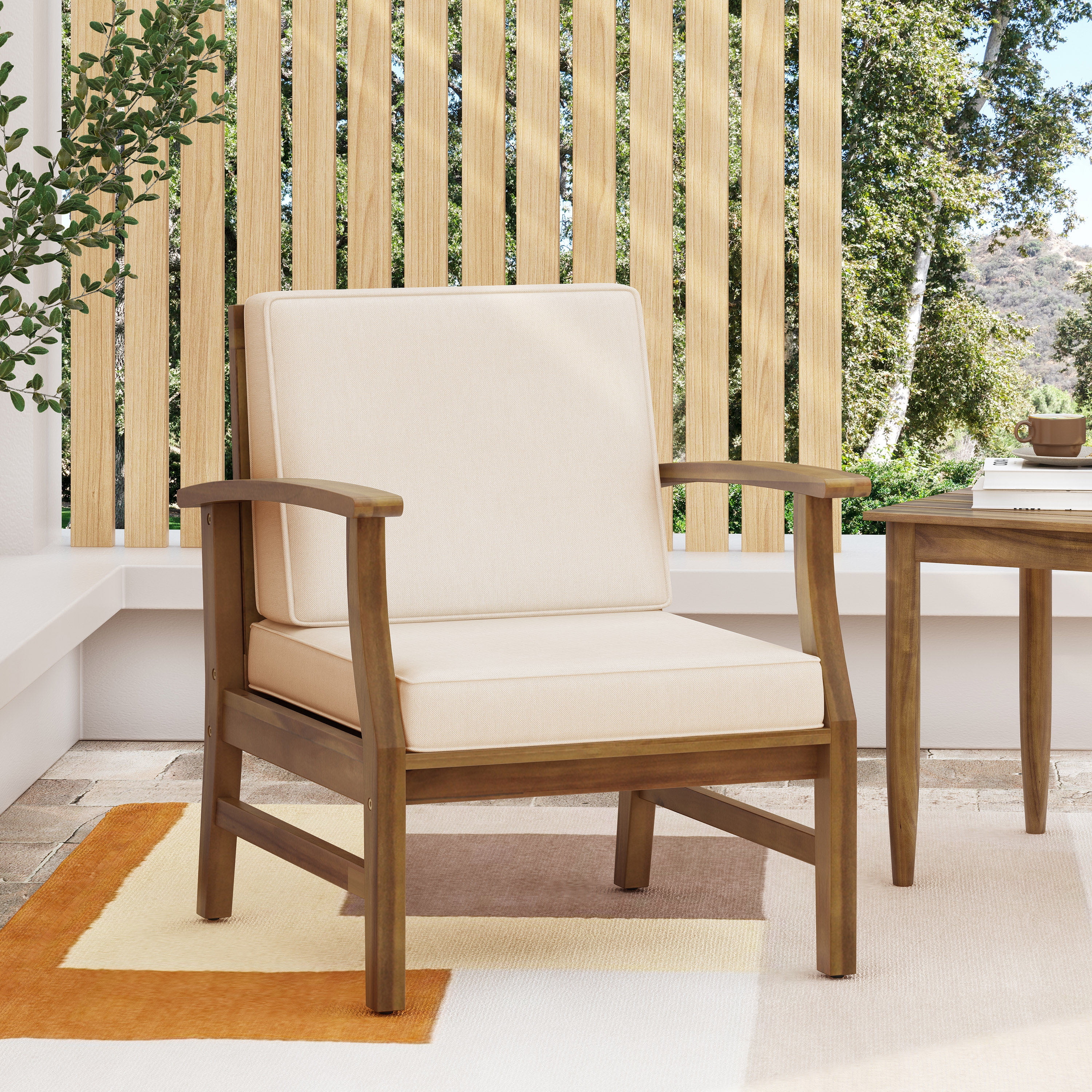Outdoor Single Acacia Wood Club Chair, Comfort Leisure Seat for Patio Garden, Cream