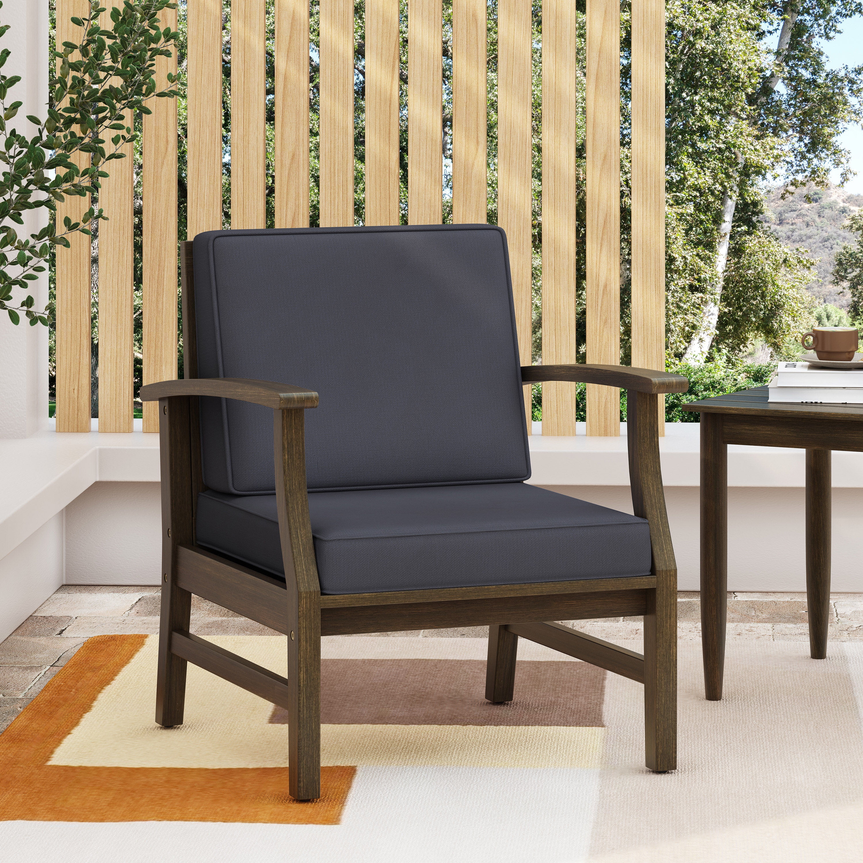 Outdoor Single Acacia Wood Club Chair, Comfort Leisure Seat for Patio Garden, Dark Gray