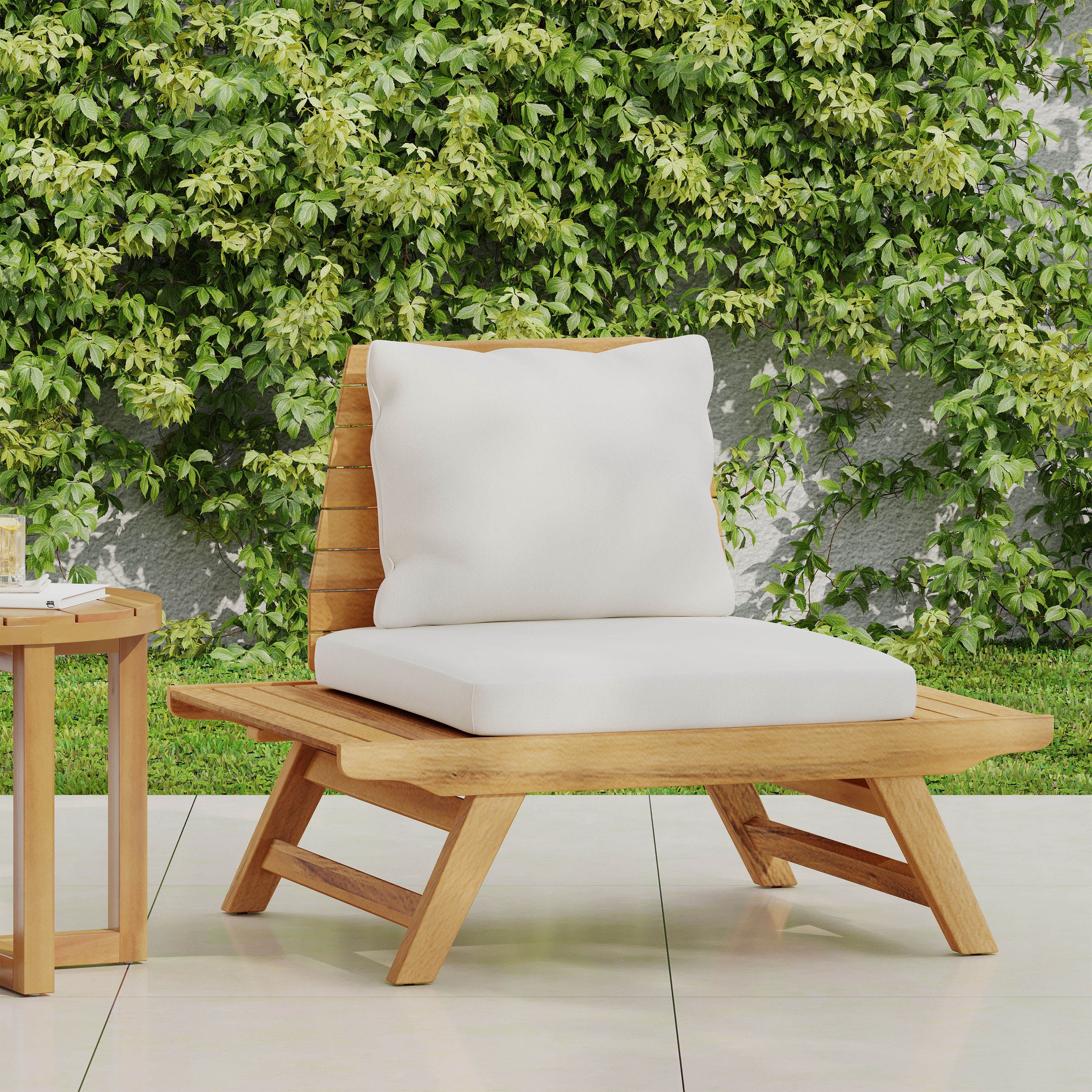 Outdoor Single Acacia Wood Club Chair, Leisure Relax Seat for Patio Garden, White