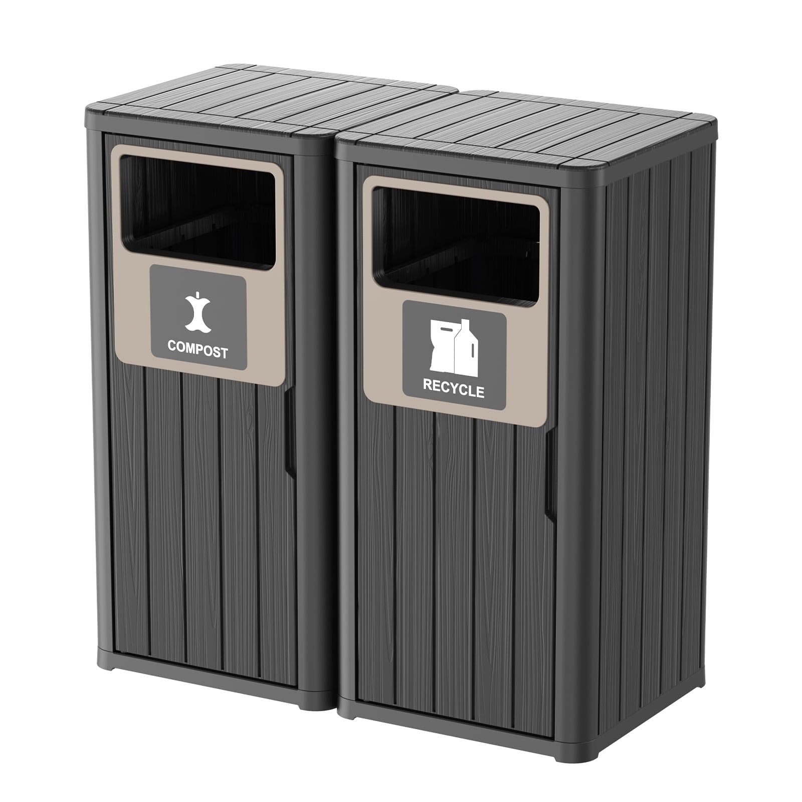 Outdoor Single Barrel Trash Can,Waterproof Resin Garbage Can with Garbage Labels,Durable Waste Bin for Porch, Backyard,Kitchen,for 30 to 39 Gallon Trash Bags（Black，2)