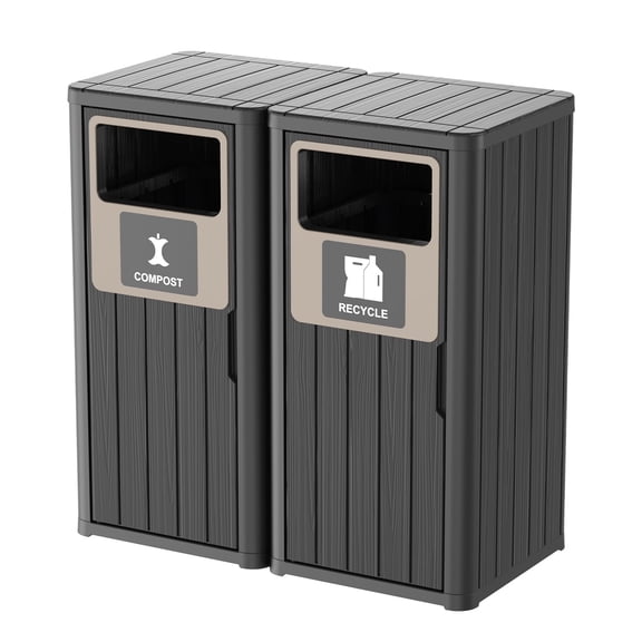 Outdoor Single Barrel Trash Can,Waterproof Resin Garbage Can with Garbage Labels,Durable Waste Bin for Porch, Backyard,Kitchen,for 30 to 39 Gallon Trash Bags（Black，2)