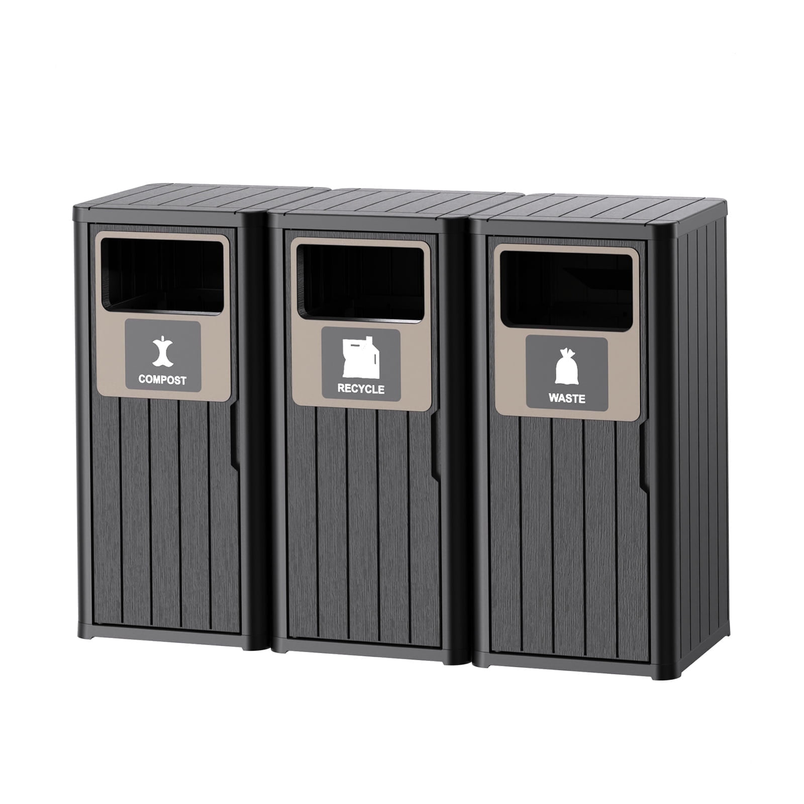 Outdoor Single Barrel Trash Can,Waterproof Resin Garbage Can with Garbage Labels,Durable Waste Bin for Porch, Backyard,Kitchen,for 30 to 39 Gallon Trash Bags（Black，3)