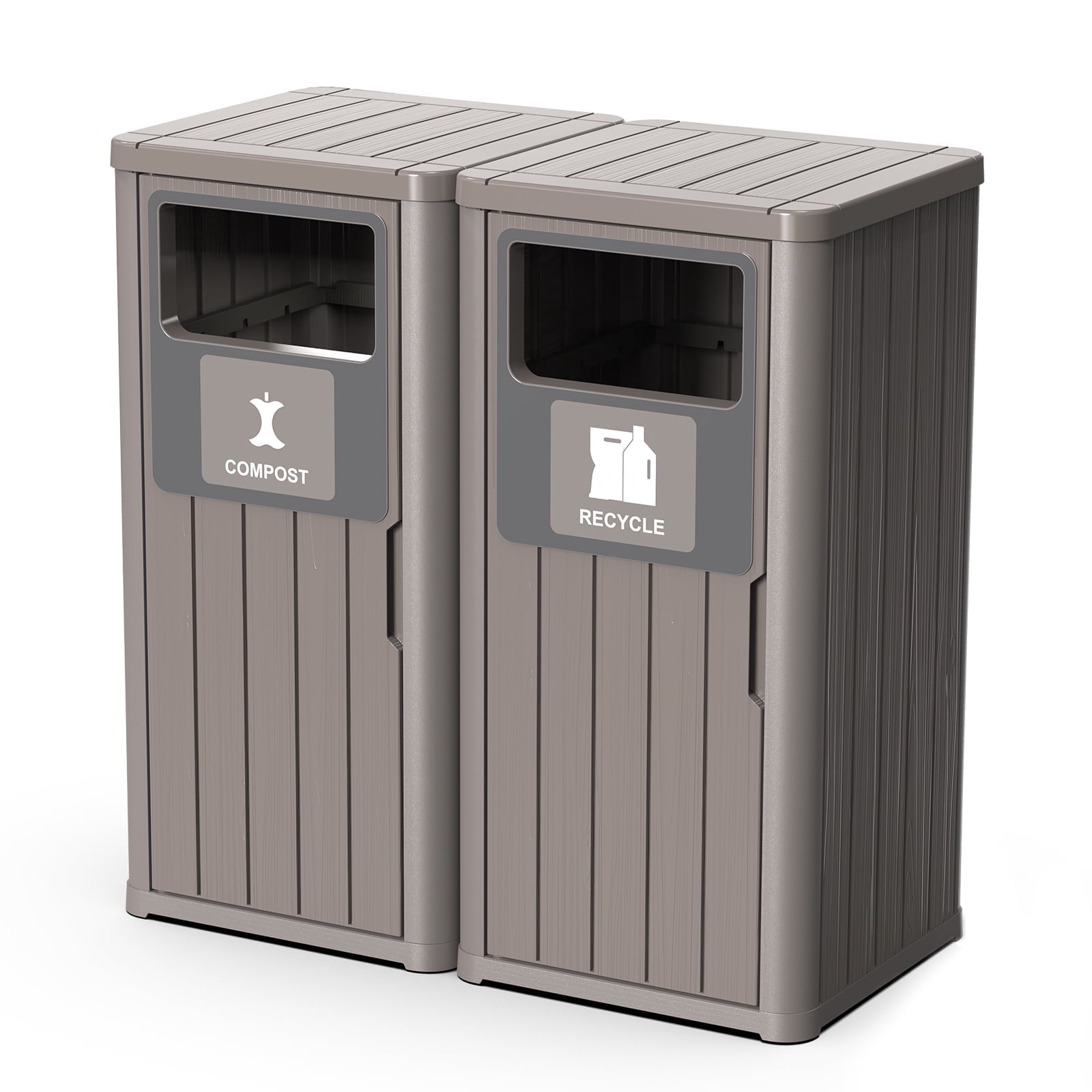 Outdoor Single Barrel Trash Can,Waterproof Resin Garbage Can with Garbage Labels,Durable Waste Bin for Porch, Backyard,Kitchen,for 30 to 39 Gallon Trash Bags（Gray，2)