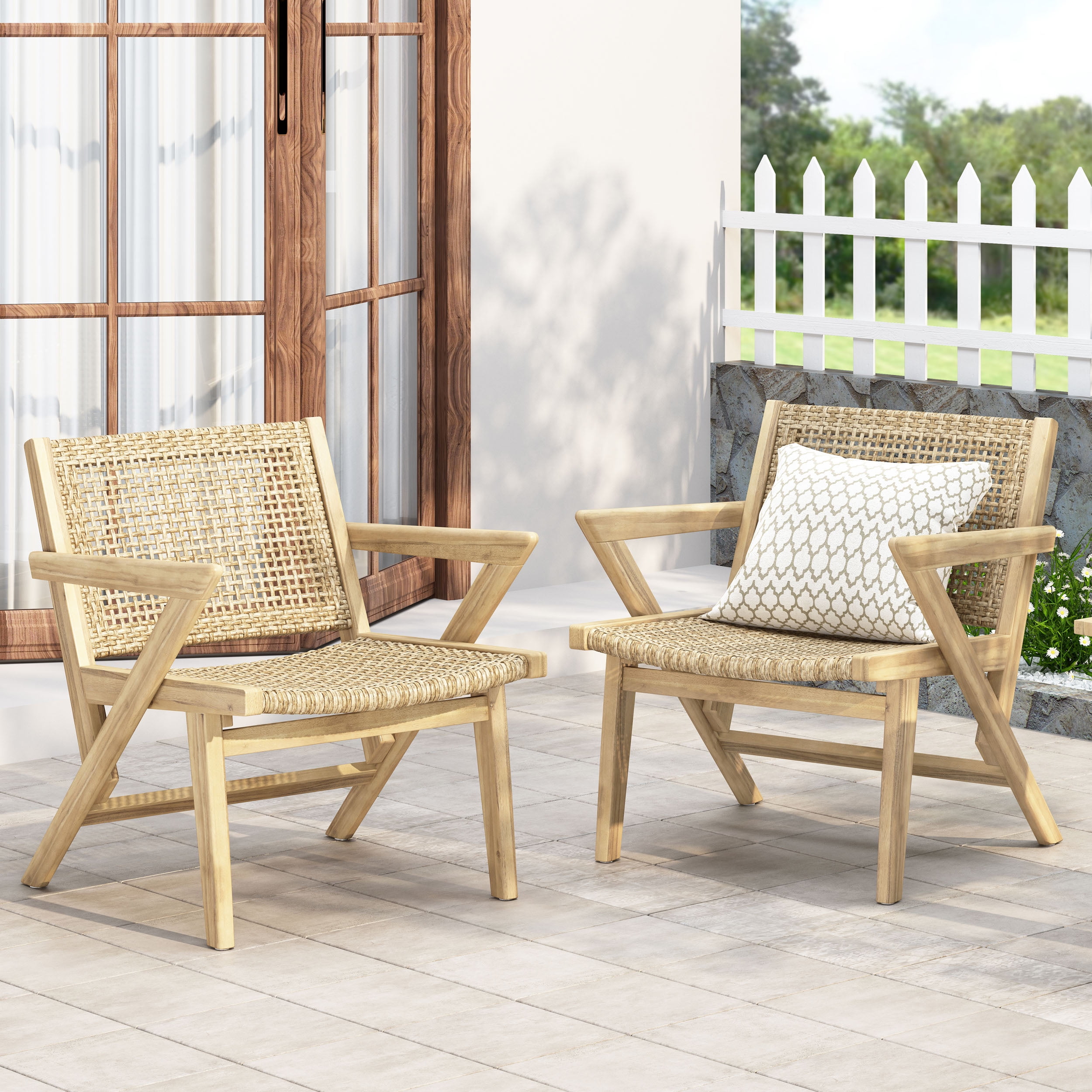 Outdoor Single Leisure Chair Set of 2, Wicker Frame Seats for Patio Garden, Light Brown