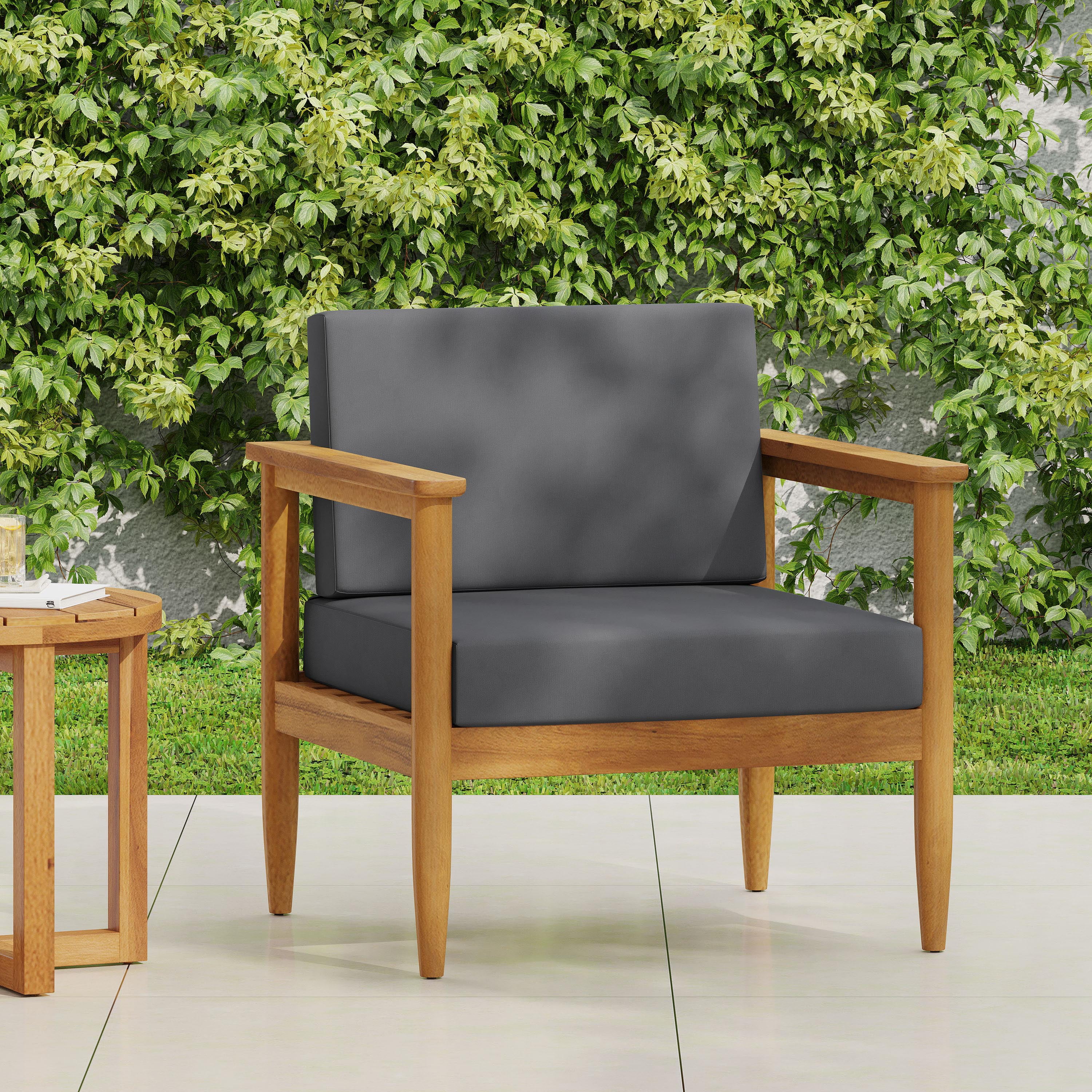 Outdoor Single Leisure Seat Chair, Acacia Wood Frame Relaxing Seat for Patio Garden, Dark Gray
