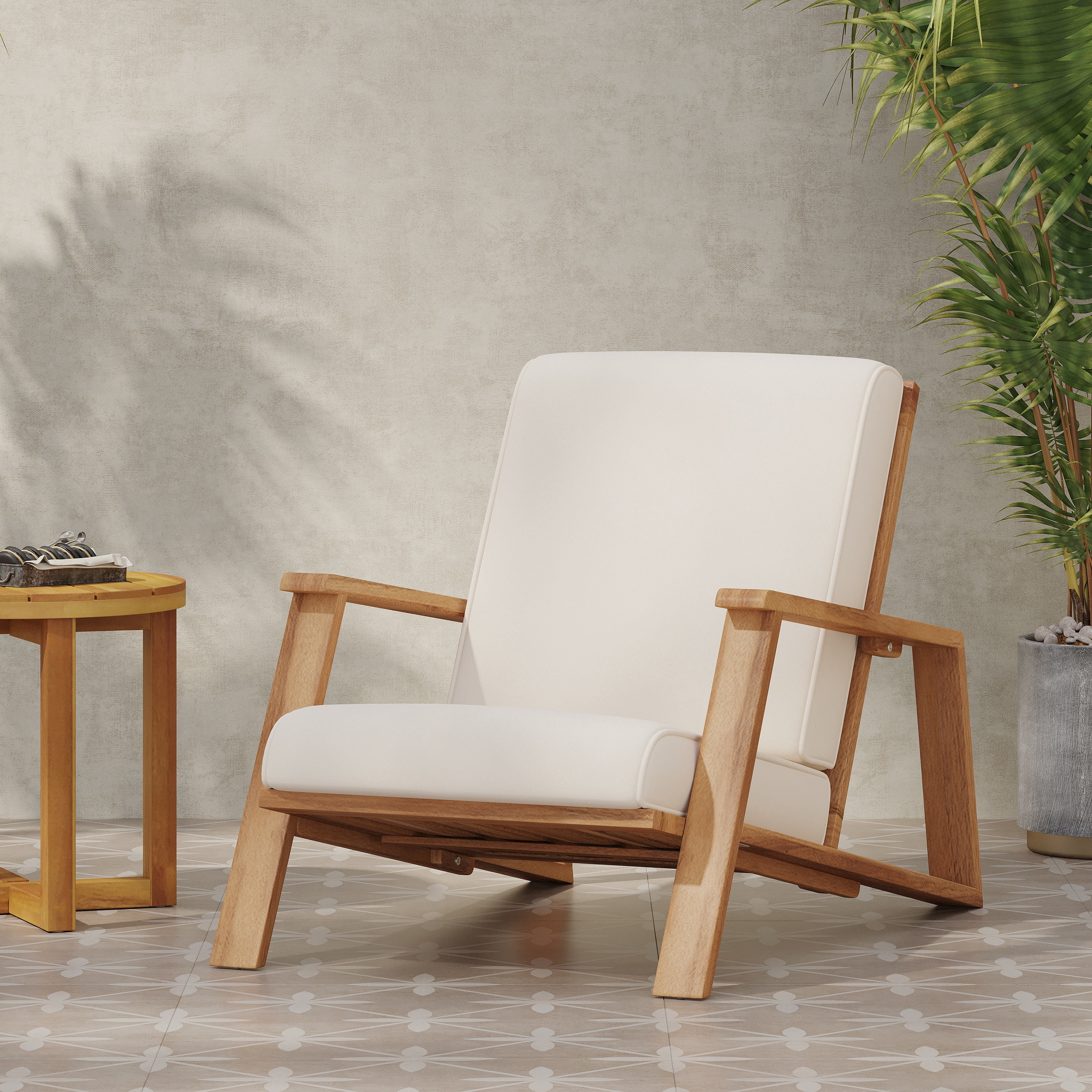Outdoor Single Leisure Seat Chair, Acacia Wood Frame Relaxing Seat for Patio Garden, Teak and Beige