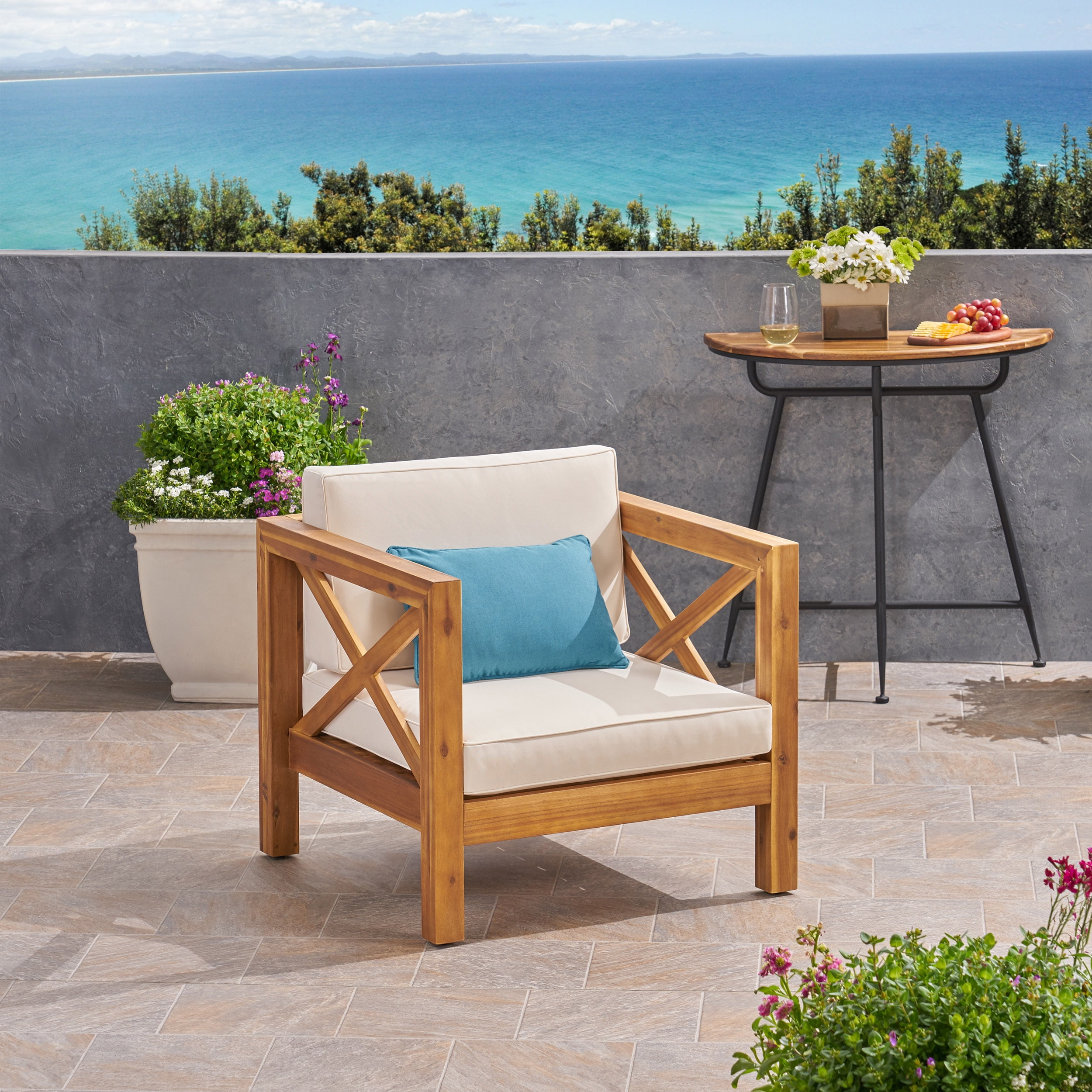Outdoor Single Leisure Seat Chair, Acacia Wood Frame Relaxing Seat for Patio Garden, Teak and Beige