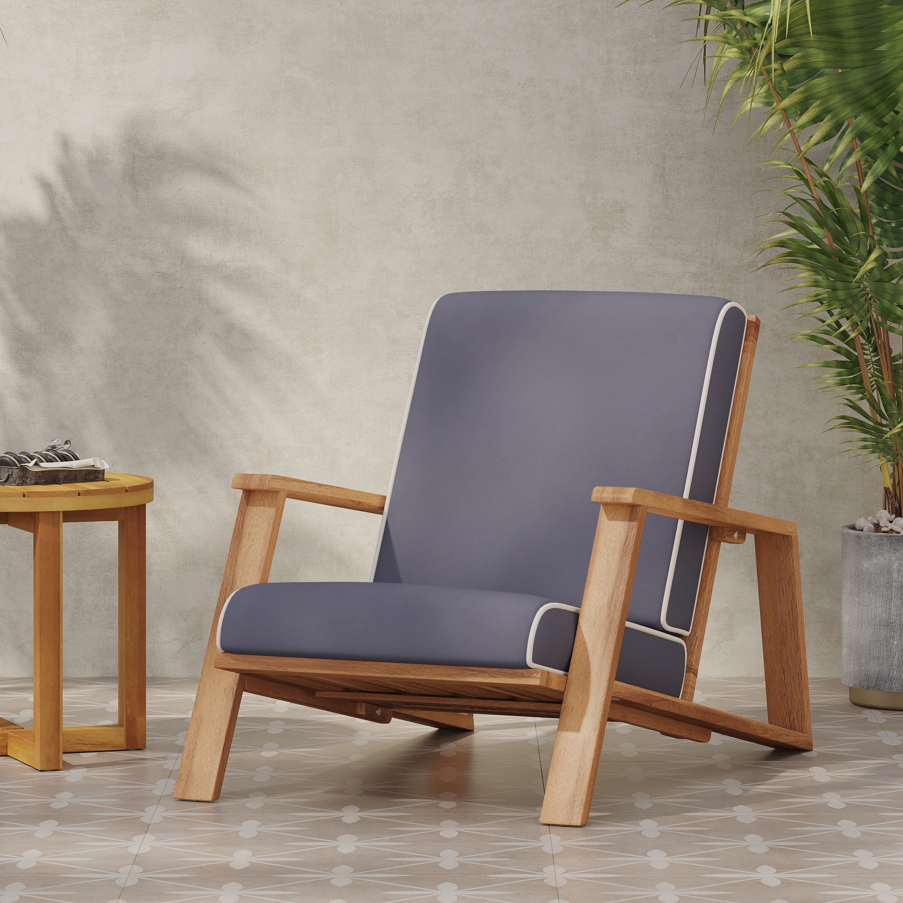 Outdoor Single Leisure Seat Chair, Acacia Wood Frame Relaxing Seat for Patio Garden, Teak and Dark Gray