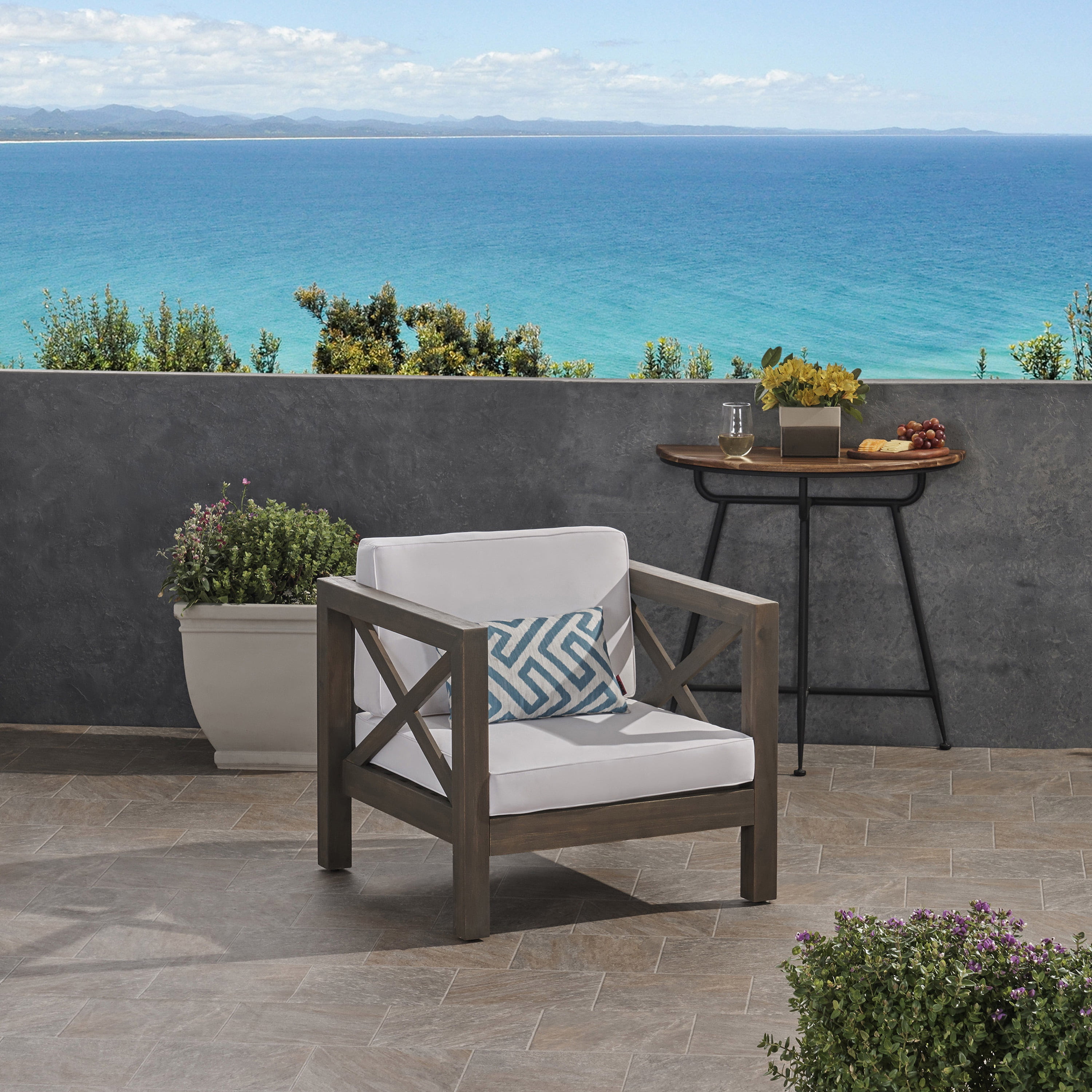Outdoor Single Leisure Seat Chair, Acacia Wood Frame Relaxing Seat for Patio Garden, White