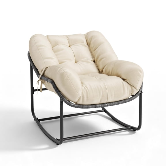Outdoor Single Rocking Lounge Chair, 35.45" L x 46.65" W x 30.71" H, Iron Frame with Handwoven PE Rattan and Polyester Cushion, 450 Lbs Capacity, OffWhite