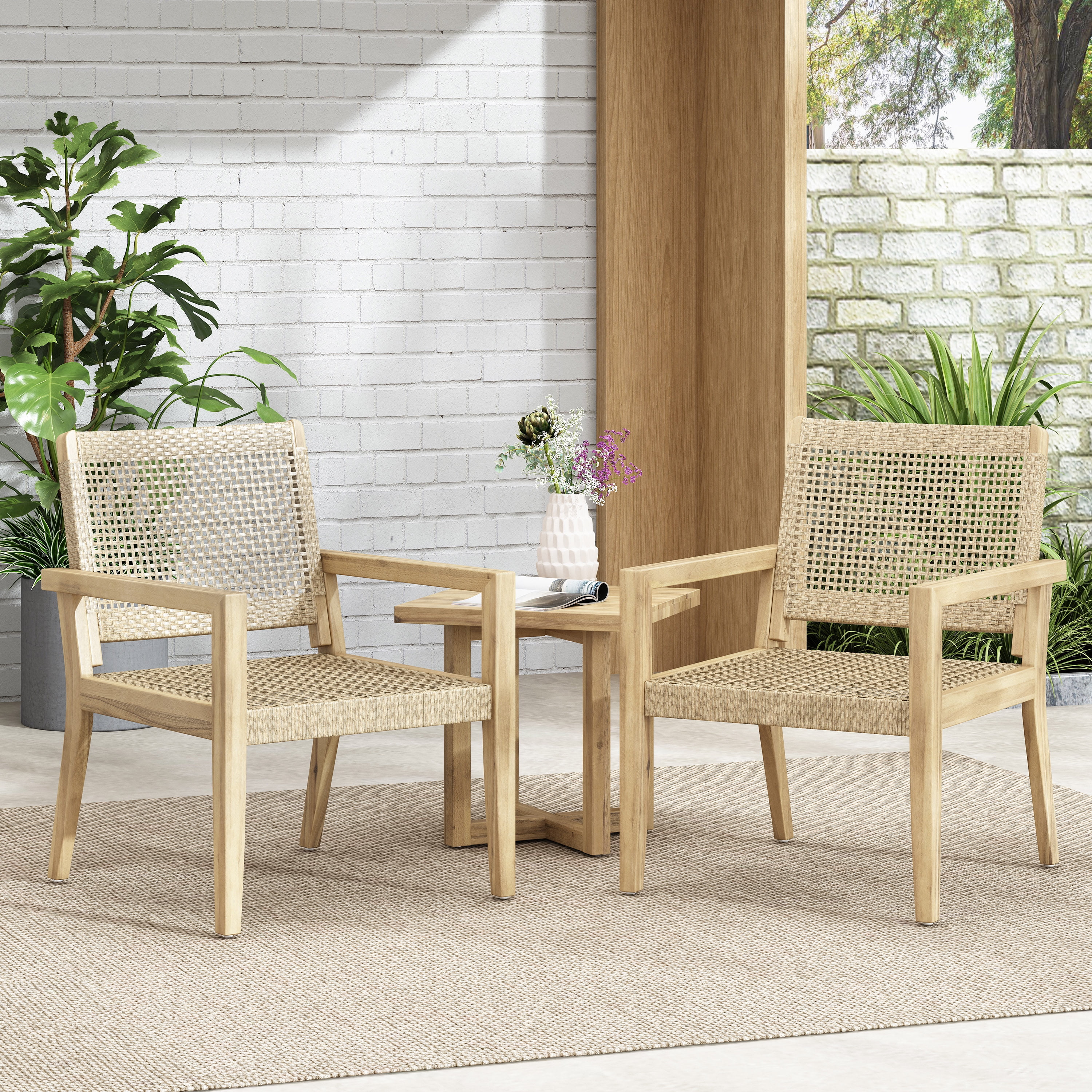 Outdoor Single Seat Chair Set of 2, Combined Wicker and Acacia Wood Structure for Patio Garden, Light and Light Brown