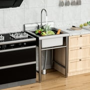 Outdoor Sink, Stainless Steel Utility Sink, Freestanding Commercial Kitchen Single Bowl Sink for Restaurant, Laundry Room, Garage-Silver
