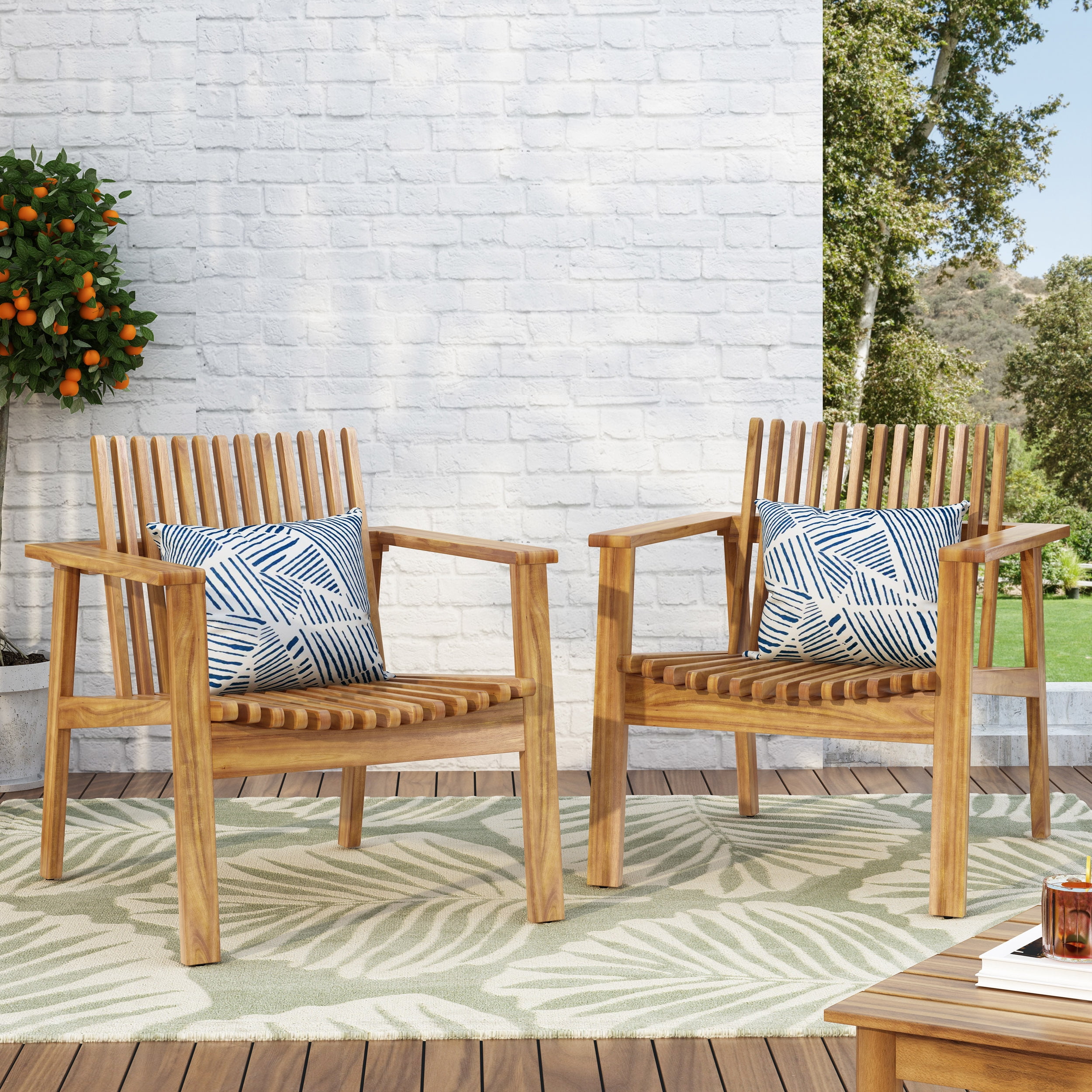 Outdoor Slatted Single Chair Set of 2, Acacia Wood Frame Leisure Seats for Patio Garden, Teak Finish