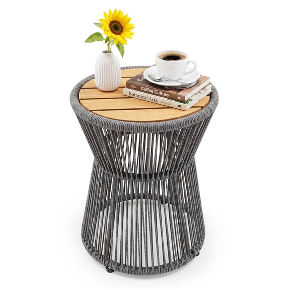 Outdoor Small Side Table, 20" h Patio Rattan End Table with Wood Top, Round Coffee Table for Living Room, Backyard, Poolside, Grey