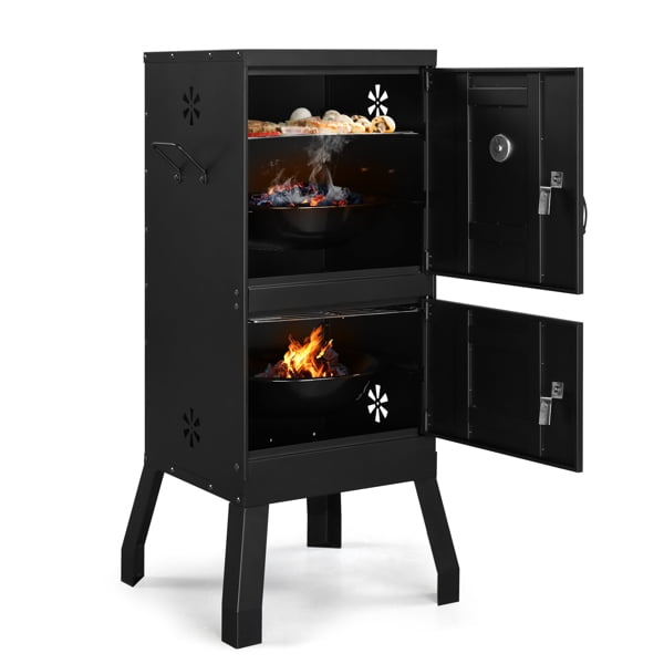 Outdoor Smoker with Double Doors, 2 Detachable Smoking Racks, Charcoal Pan & Water Pan, 4 Air Vents & Thermometer, Vertical Charcoal Smoker for BBQ Camping Backyard Grilling