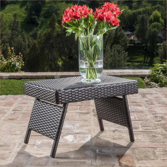 Outdoor Snack Accent Table | Faux PE Rattan Wicker | For Patio Porch Lounging | Mocha | Aluminium