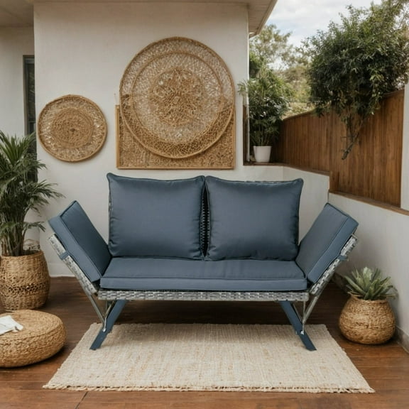 Outdoor Sofa, 1 PCS Patio Wicker Side Foldable Bench Patio Backyard Conversation Bench Grey Wicker + Dark Grey Cushion, Dark Grey,Grey Patio Furniture,Polyester,Steel,Wicker Outdoor Sectional