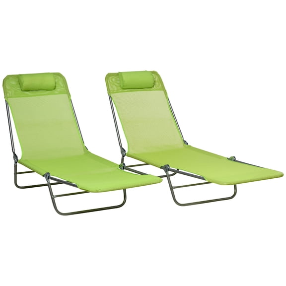 Outdoor Sofa, 2 Piece Folding Chaise Lounge Chairs, Pool Sun Tanning Chairs, Outdoor Lounge Chairs with 6-Position Reclining Back, Breathable Mesh Seat, Headrest for Beach, Yard, Patio, Green