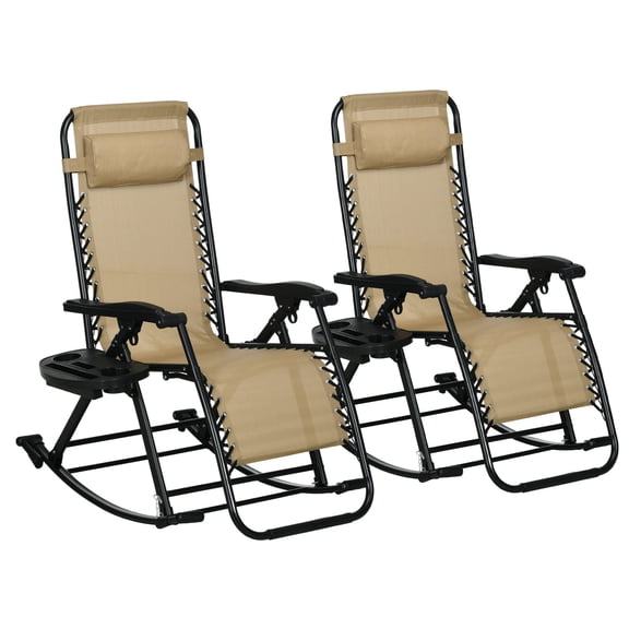 Outdoor Sofa, 2 Pieces Outdoor Rocking Chairs, Foldable Reclining Zero Gravity Lounge Rocker with Pillow, Cup & Phone Holder, Combo Design with Folding Legs, Beige, Beige Patio Furniture