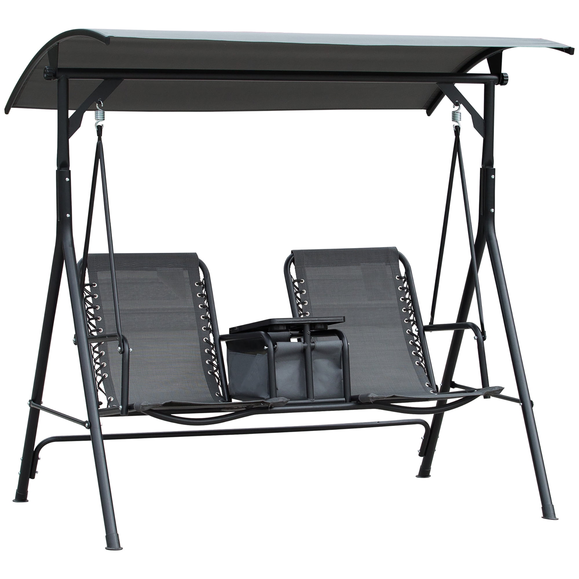 Outdoor Sofa 2-Seat Patio Swing Chair, Outdoor Canopy Swing Glider with Pivot Storage Table, Cup Holder, Adjustable Shade, Bungie Seat Suspension and Weather Resistant Steel Frame, Grey,Patio Furni