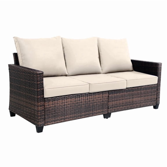 Outdoor Sofa, 3-Seat PE Rattan Couch, Beige