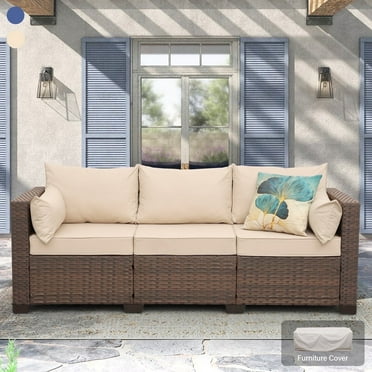 Outdoor Sofa 3-Seat Patio Wicker Couch with No-Slip Cushioned Furniture Cover, Khaki