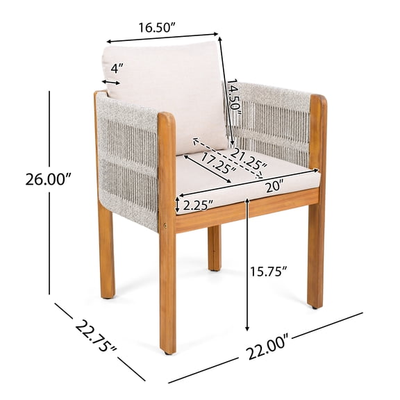 Outdoor Sofa, Acacia Wood Outdoor Dining Chairs 2-Pack with Mix White Rope Handles, Washable Waterproof Beige Cushions, 400 lbs Capacity, Beige,Teak Patio Furniture,Outdoor Sectional