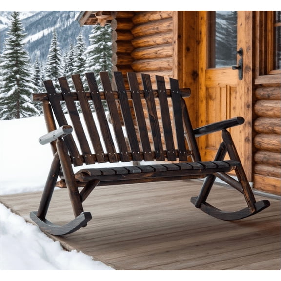 Outdoor Sofa, Adirondack Rocking Chair Outdoor Wooden Rocking Chair, Double-Person Rustic Adirondack Rocker, Brown Patio Furniture,Wood Outdoor Sectional