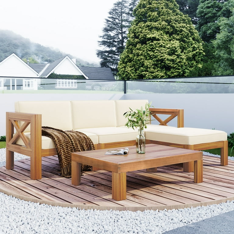 Goohome Outdoor Wood L Shaped 5pc Sectional Sofa Set