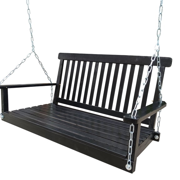 Outdoor Sofa, Front Porch Swing with Armrests, Wood Bench Swing with Hanging Chains,for Outdoor Patio ,Garden Yard, porch, backyard, or sunroom,Easy to Assemble,black, Black Patio Furniture