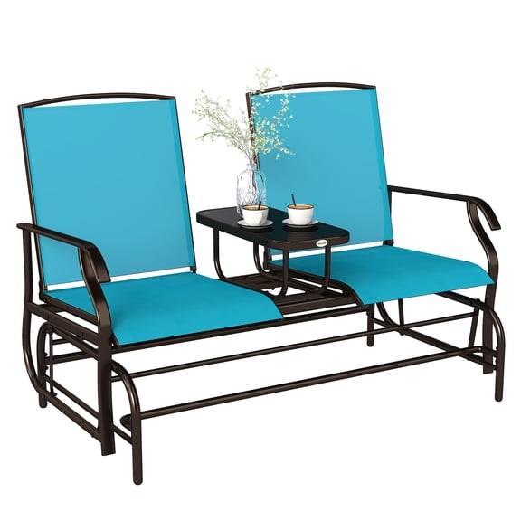 Outdoor Sofa Outdoor Glider Bench with Center Table, Metal Frame Patio Loveseat with Breathable Mesh Fabric and Armrests for Backyard Garden Porch, Blue,Patio Furniture