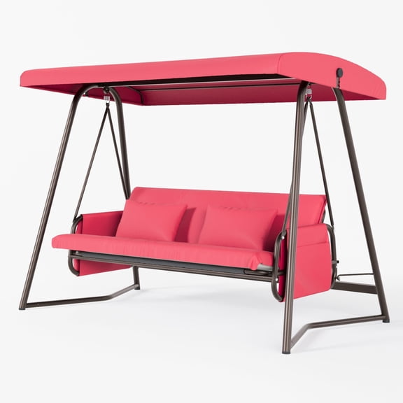 Outdoor Sofa, Outdoor Patio 3 seaters Metal Swing Chair Swing bed with Cushion and Adjustable Canopy Red Color, Red Patio Furniture,Metal Outdoor Sectional