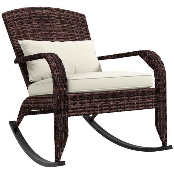 Outdoor Sofa, Outdoor Wicker Adirondack Rocking Chair, Patio Rattan Rocker Chair with High Back, Seat Cushion, and Pillow for Garden, Porch, Balcony, Cream White, White Patio Furniture