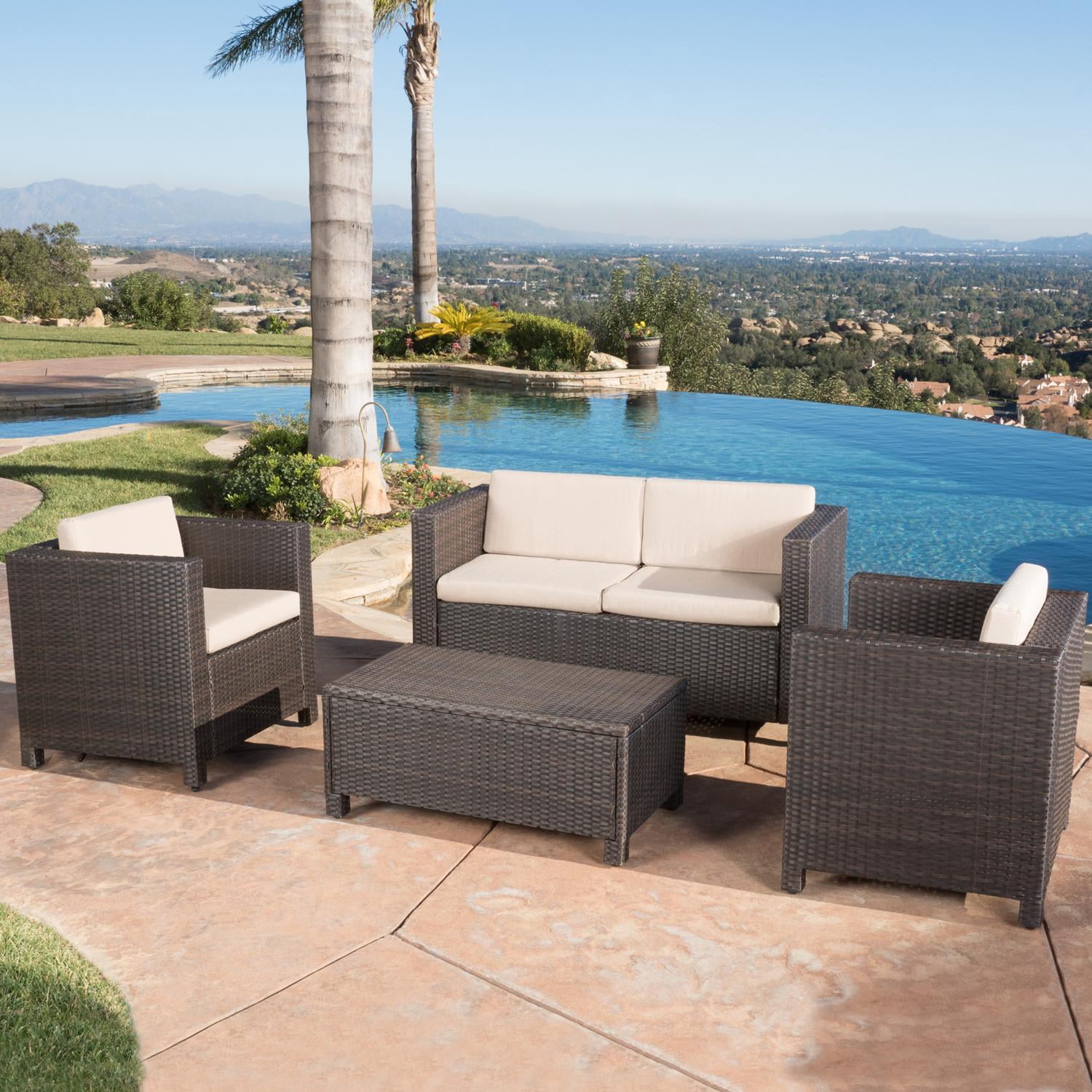 Outdoor Sofa Set 4 Piece, Patio Furniture Set, Wicker Sofa Set with Loveseat 2 Chairs Table, All-Weather PE Rattan and Water-Resistant Cushions, Modern Outdoor Seating, Dark Brown