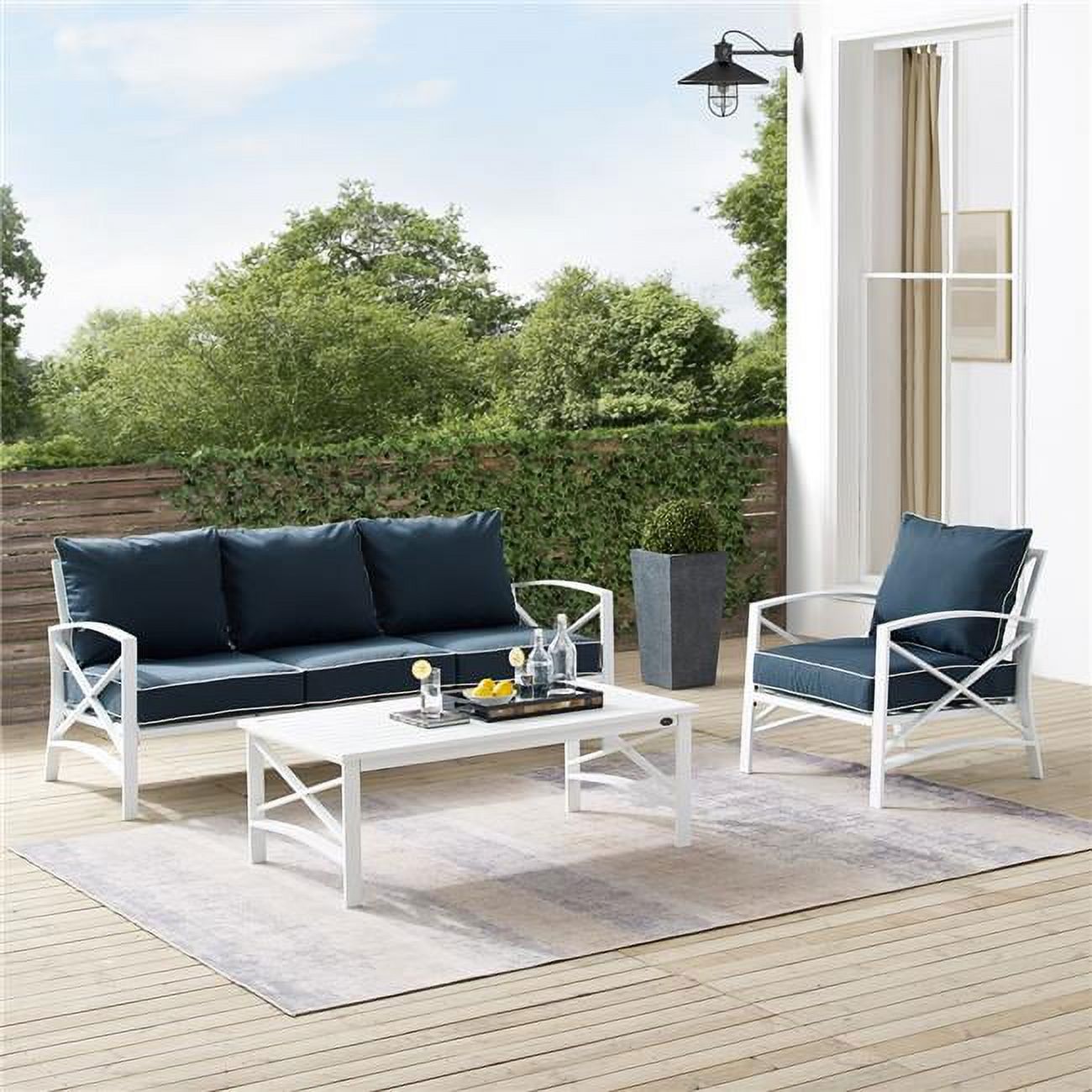 Outdoor Sofa Set, Navy & White Sofa, Arm Chair & Coffee Table 3