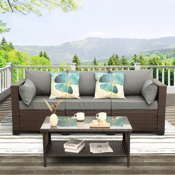 Outdoor Sofa Set of 2, PE Wicker Couch with 2-Layer Glass Coffee Table, Brown/Gray Cushion, Furniture Cover
