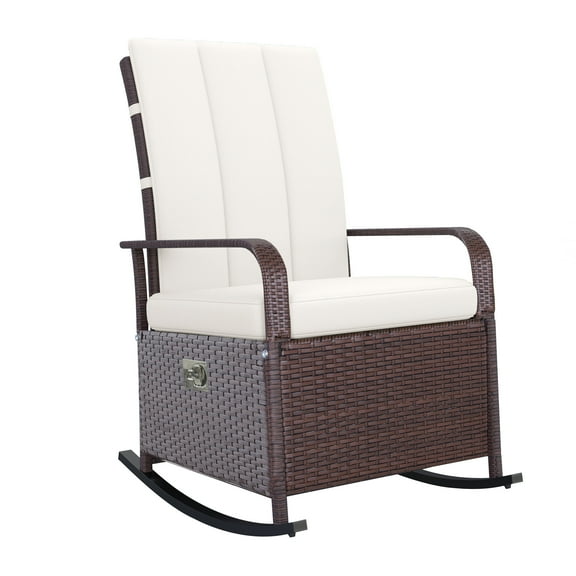Outdoor Sofa, Wicker Outdoor Rocking Chair, Patio Recliner with Adjustment Backrest, PE Rattan Lounge Chair with Adjustable Footrest and Cushions for Garden, Backyard, Porch, Beige, Patio Furniture