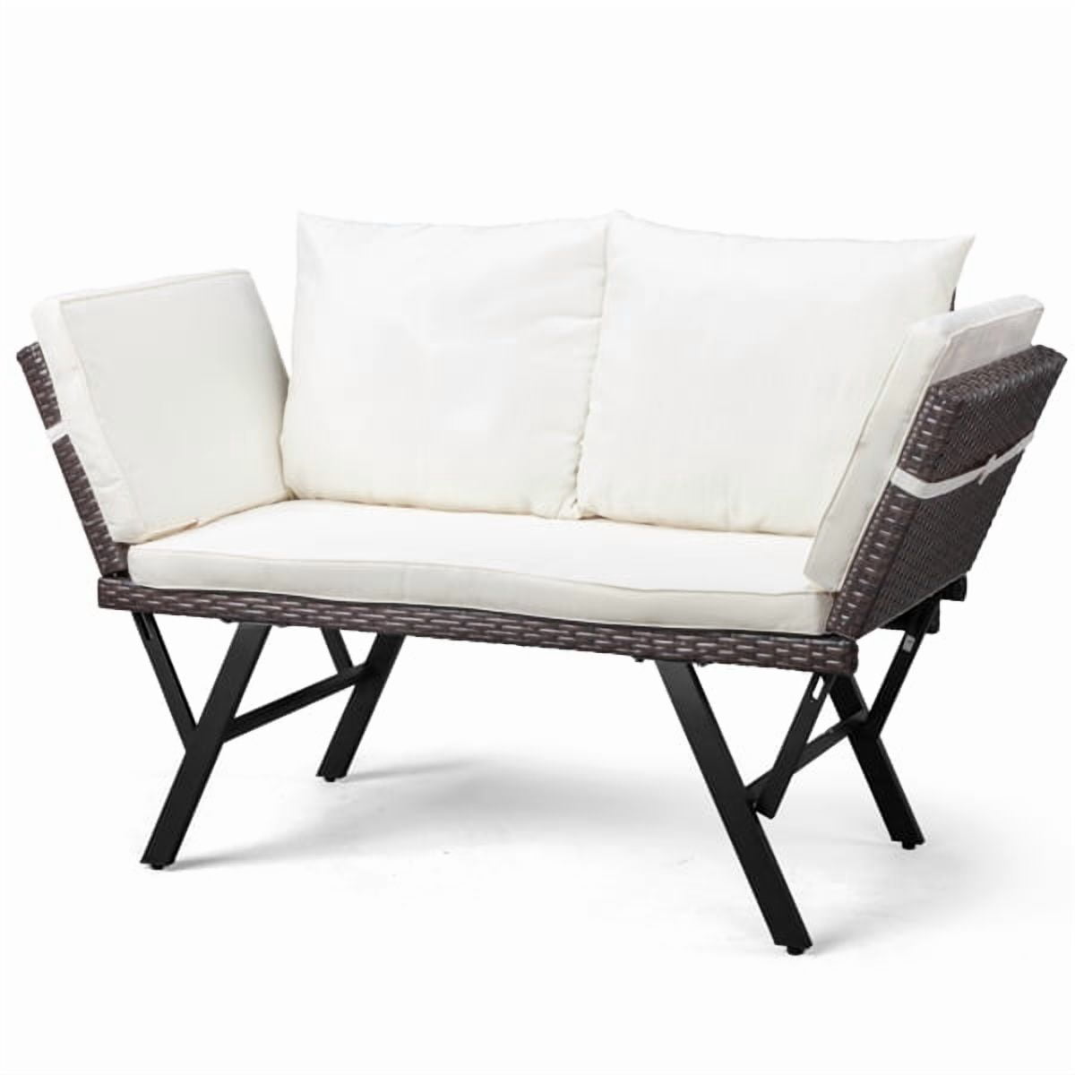 Outdoor Sofa, Woven Rattan Patio Furniture, Convertible Daybed or Double Chair with Adjustable Armrests, Cushions and Pillows for Yard Porch Pool, Gray Lounger & Beige Cushion