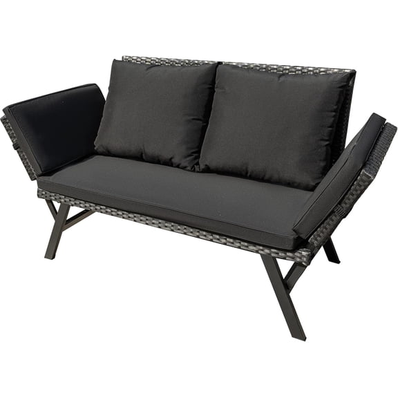 Outdoor Sofa, Woven Rattan Patio Furniture, Convertible Daybed or Double Chair with Adjustable Armrests, Cushions and Pillows for Yard, Porch, Pool