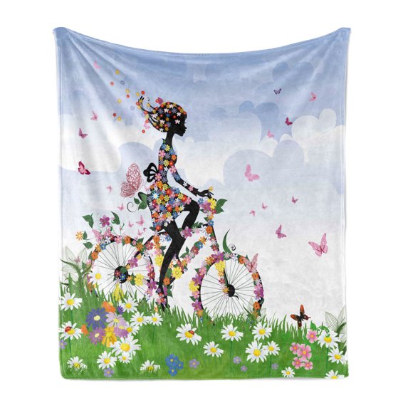 Outdoor Soft Flannel Fleece Blanket, Woman Riding Vintage Romantic Bike with Spring Time Flowers in Basket Nature Image, Cozy Plush for Indoor and Outdoor Use, 50" x 70", Multicolor, by Ambesonne