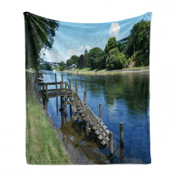 Outdoor Soft Flannel Fleece Throw Blanket, Waikato River Hamilton City New Zealand Holiday Destination Travel Landmark, Cozy Plush for Indoor and Outdoor Use, 70" x 90", Green Blue Grey, by Ambesonne