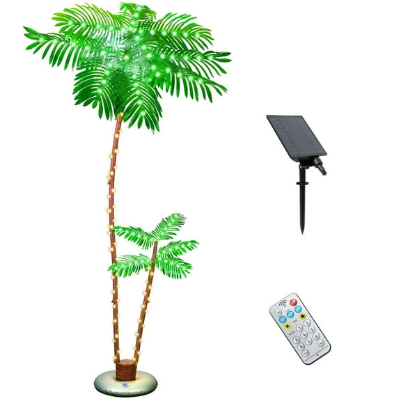 Outdoor Solar 8ft Double Palm Tree LED Lights Waterproof Patio Decor with Remote, Weighted Base for Yard, Poolside, Tropical Party