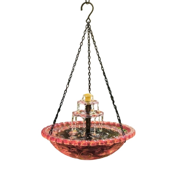 Outdoor Solar Bird Bath Fountain, Pink Embossed Glass Basin, Hanging Chain Mount, Garden Water Fountain Decor, 2 Set Bundle