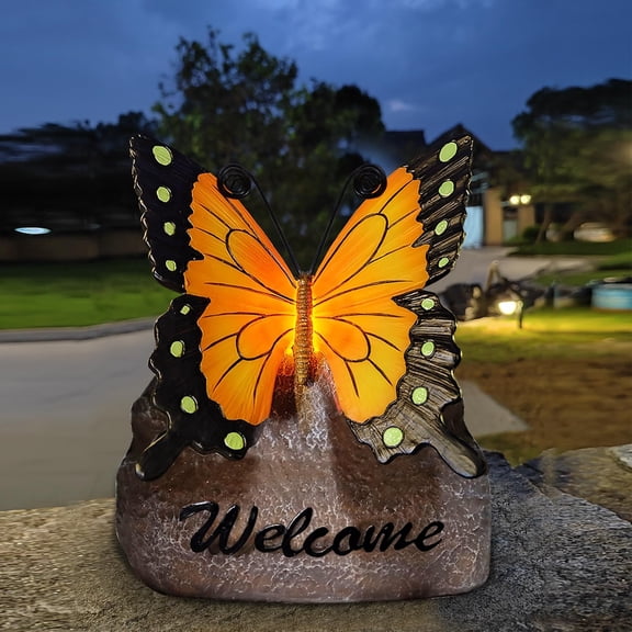 Outdoor Solar Butterfly Statue, LED Garden Figurine for Yard, Waterproof Welcome Animal Decor for Patio Lawn, Black Ornament