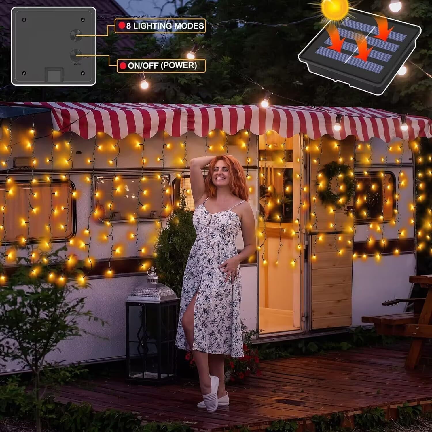 Outdoor Solar Curtain Lights, 200 Led Solar Fence Curtain Lights With 8