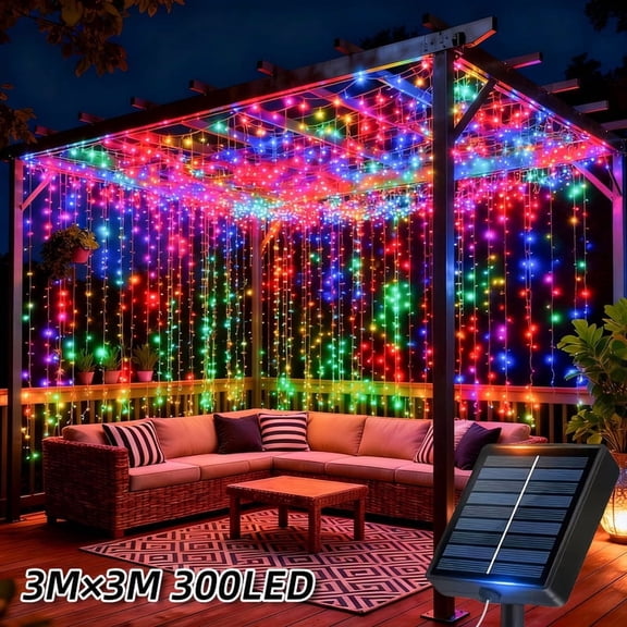 Outdoor Solar Curtain String Lights, LED Waterfall Lights with Fairy Lights, 8 Modes, Outdoor Twinkling Lights Perfect for Balconies, Gazebos, Patios, Parties, Weddings, and Mother’s Day Decorations