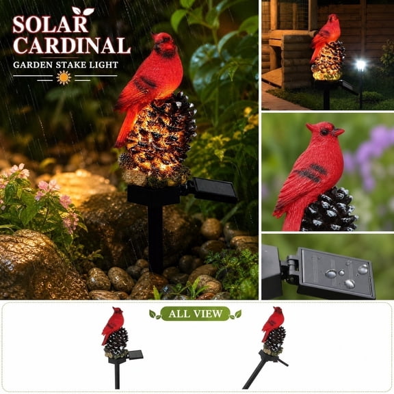 Outdoor Solar Decorations, Outdoor Solar Pathway Lights for Yard, Garden Decorations Outdoor, Solar Landscape Lighting, Resin Red Cardinal Pinecone Ground Insert Decorative Lamp,